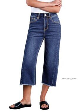 High Waisted Wide Leg Capri Jeans Stretchy Raw Hem Denim Pants
